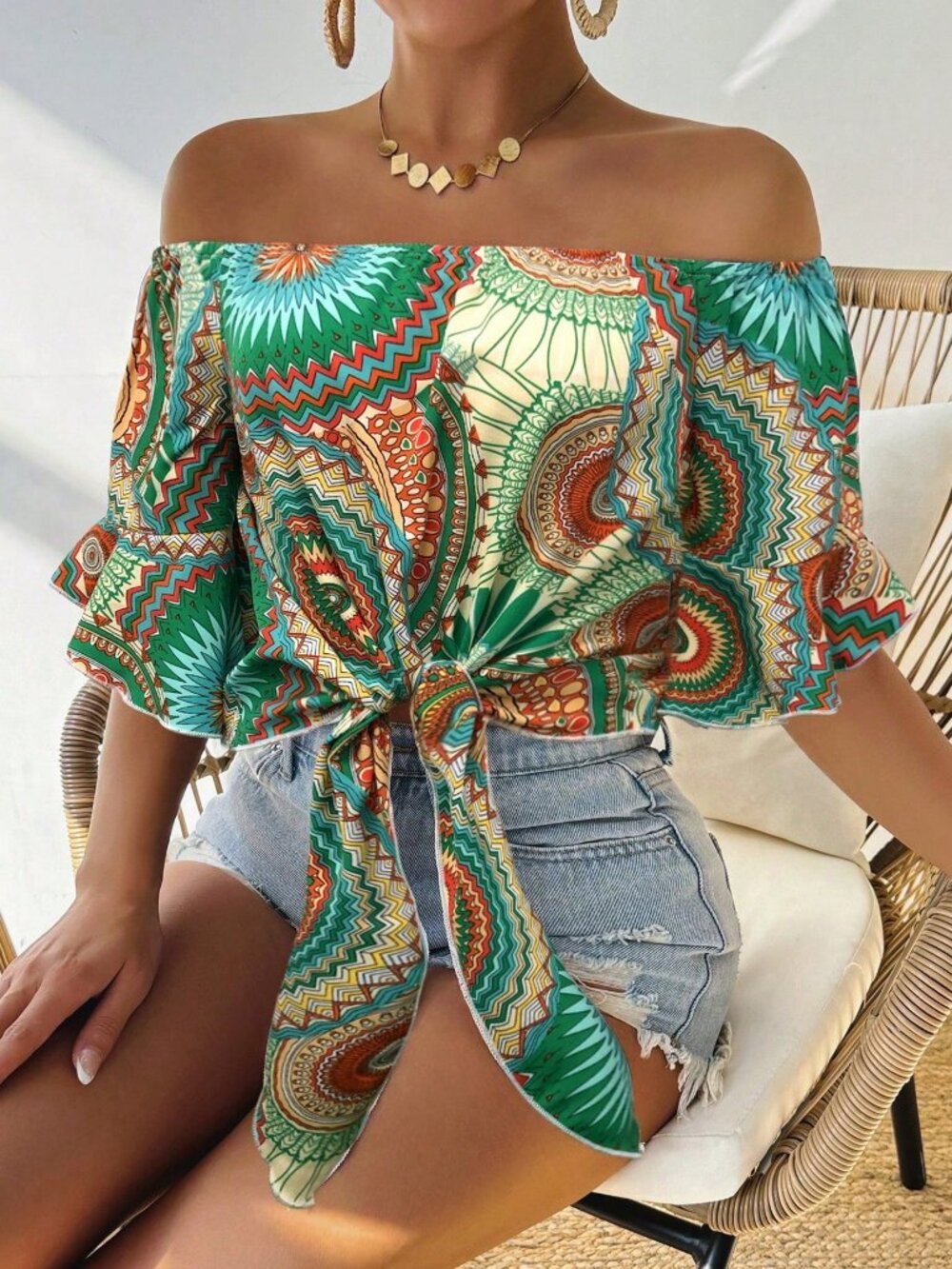 Green Boho Hawaiian Women's Off-Shoulder Bandeau Top Three-Quarter Sleeve